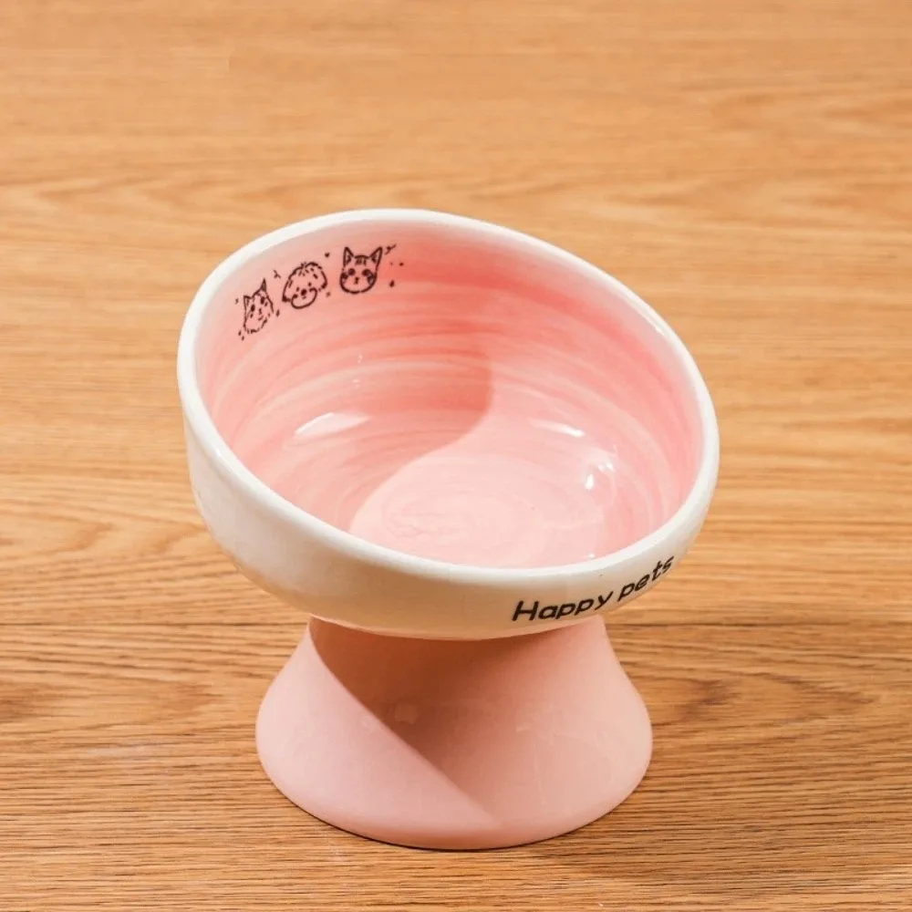

Large Capacity Ceramic Cat Bowl High Footed Cartoon Pattern Anti Spill Pet Bowl Neck Protector Not Wet Mouth