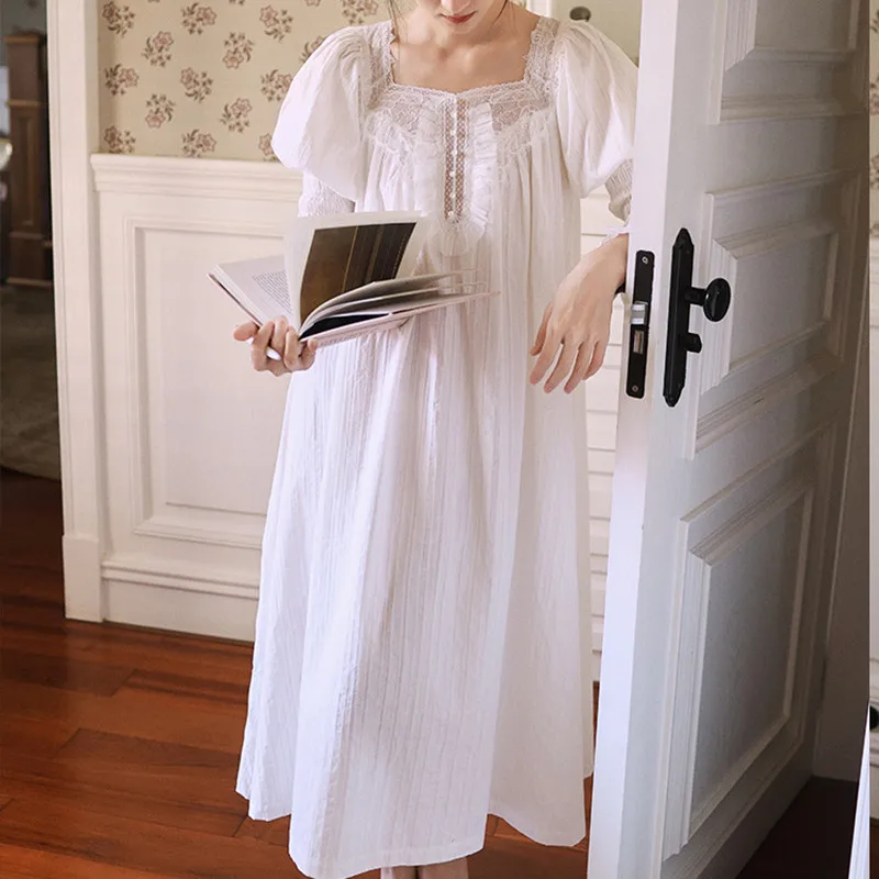 2024 Women French Style Cotton Long Nightdress Sexy Lace Decor Square Collar Nightgowns Girls Sweet White Mid-Calf Nightie New