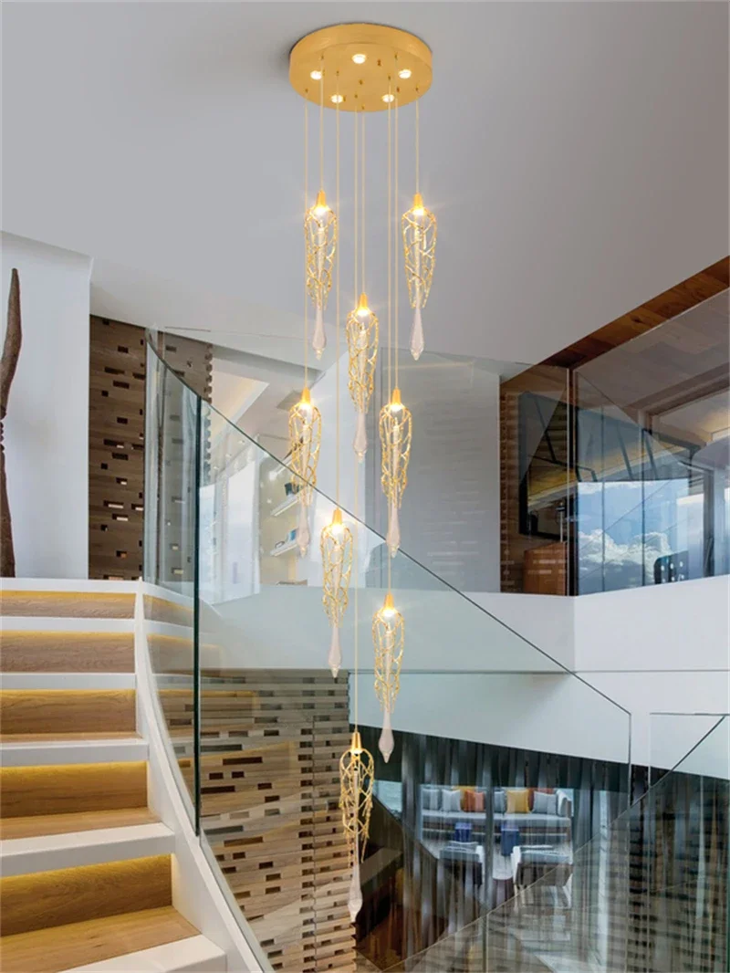 Candelabro LED de Cristal de ramas modernas para escalera, lámparas colgantes de Arte largo de Cristal de lujo, accesorios de iluminación grandes para interiores en espiral