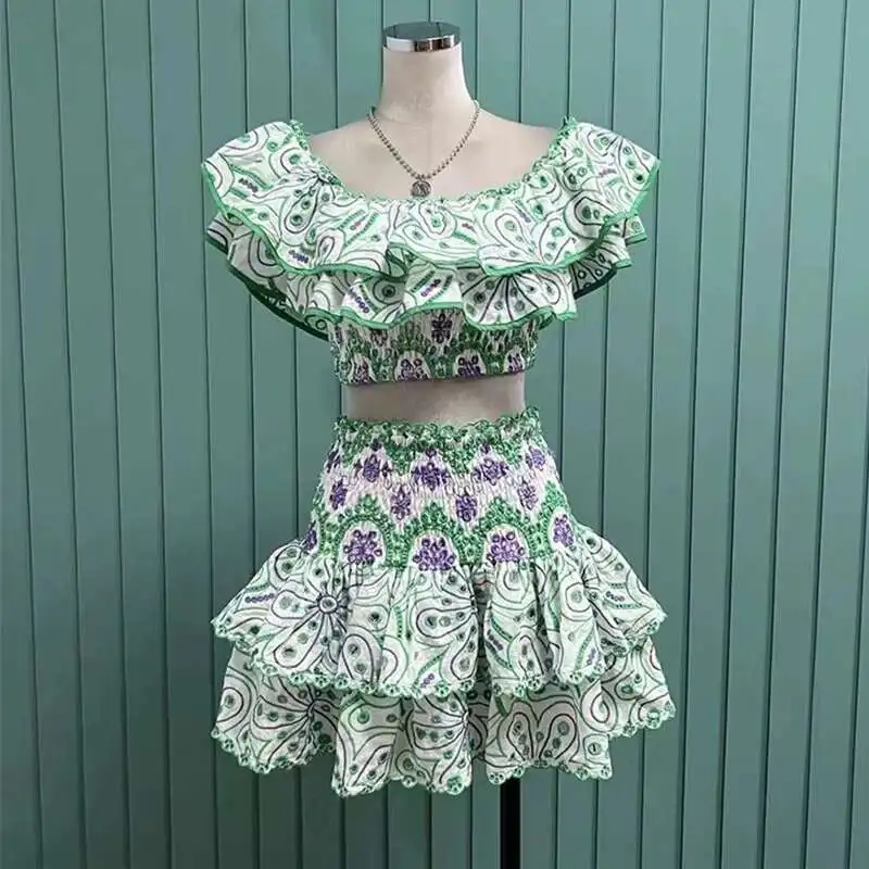 

Quality Summer Holiday Embroidery Two Piece Sets Women Sexy Ruffle Crop Tops Midi Long Skirts Suits Bandage Bodycon Outfits