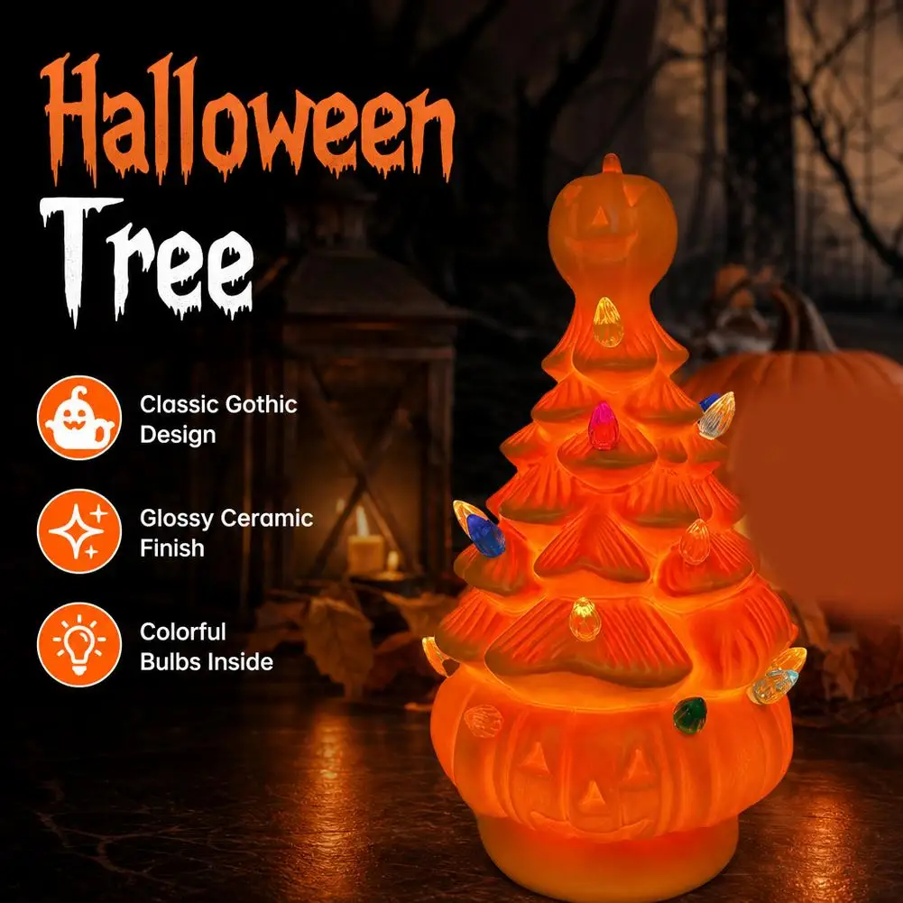 Vintage Ceramic Halloween Pumpkin Tree Lamp Colorful Light Up Bulbs Desktop Ornament for Halloween Indoor Party Decoration