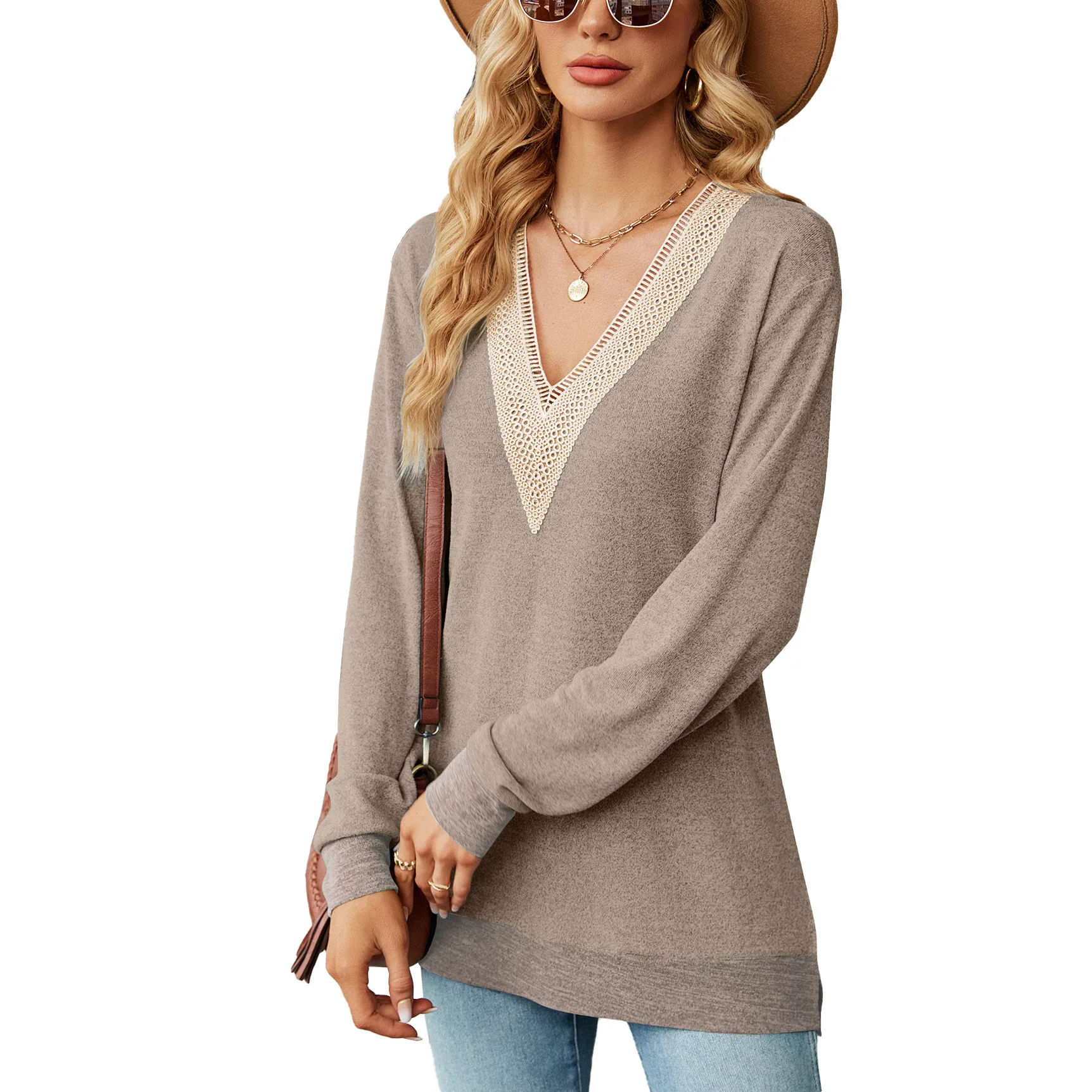 Spring and Autumn Women's Long-sleeved T-shirt Lace V-neck Contrasting Color Simple Loose Long Pullover Top Fashion Tees