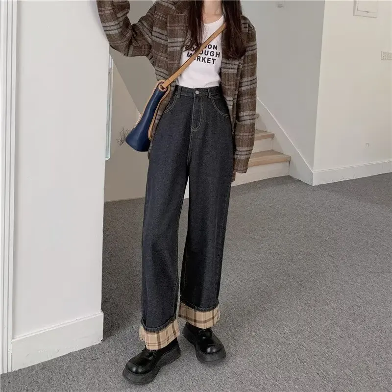 Women's Y2K High Waist Wide Leg Jeans Fleece Lined Loose Fit Slimming Flare Trousers Straight  Winter Fashion