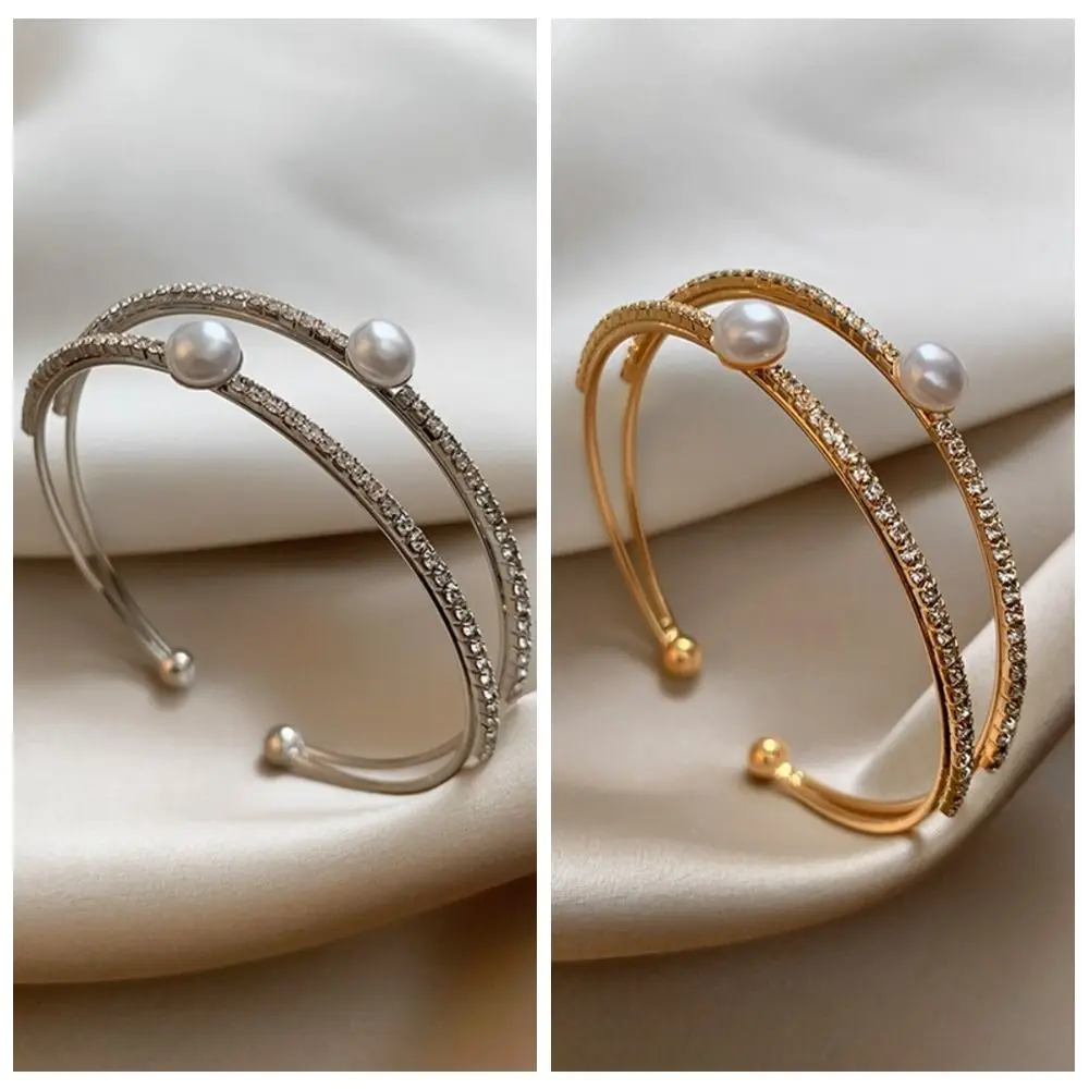 심플 진주 오픈형 뱅글 이중 레이어 핸드 링 라인스톤 팔찌 신부 장신구 손목 장식 웨딩 프롬