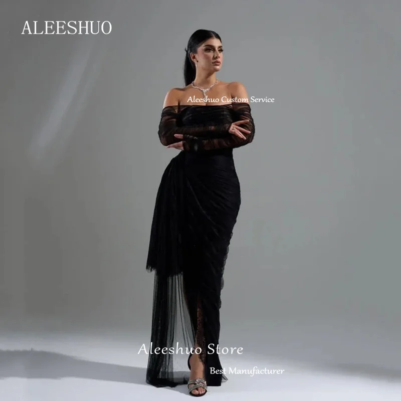 فستان سهرة من Aleeshuo باللون الأسود بتصميم حورية البحر من الدانتيل بسيط بدون أكتاف وفتحة جانبية للحفلات الراقصة مثير بدون ظهر مخصص