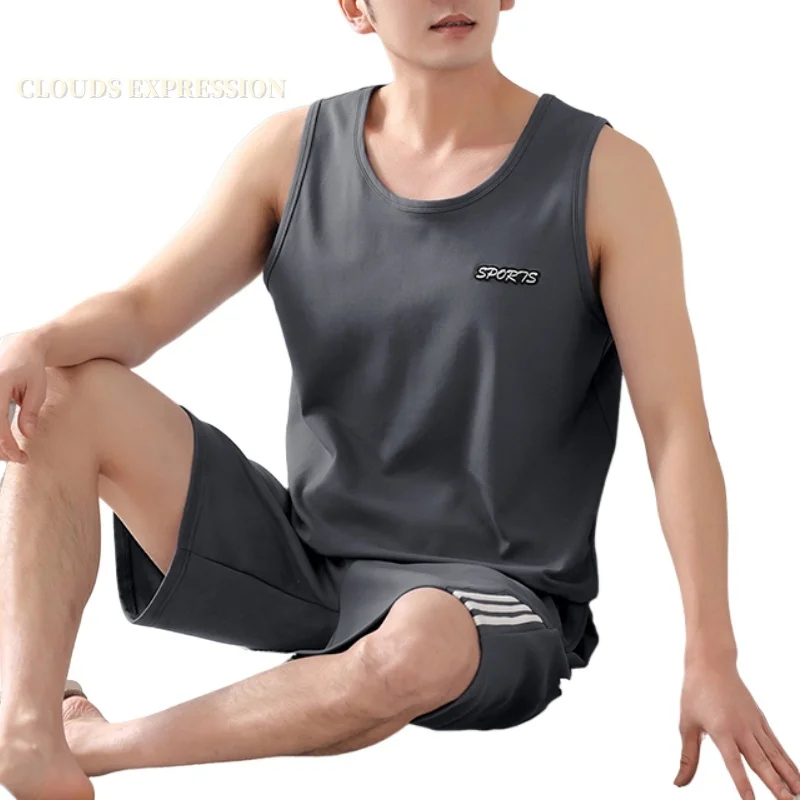 

Summer Plus 7XL Knitted Pjs Sleeveless Men's Pajama Sets Male Pajamas Plaid Loungewear For Masculine Sleepwear Homewear Fashion