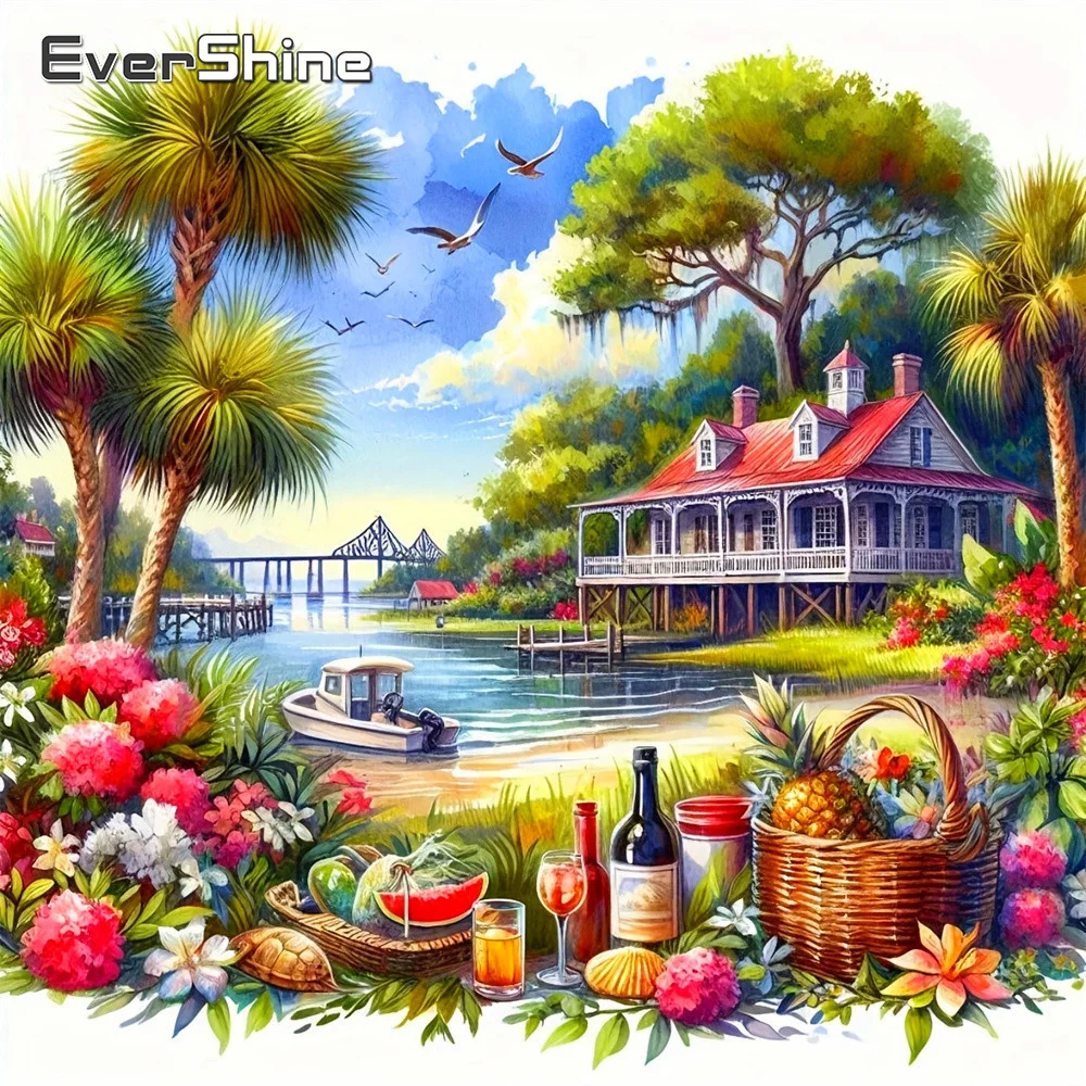 Evershine Diamant-Mosaik Haus Vollquadrat-Drucknägel Meereslandschaft Strass-Bild Stickerei Baum Wandkunst
