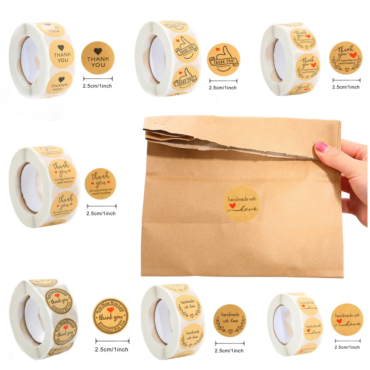 50-500pcs Round Natural Kraft Handmade Heart Thank You Stickers Scrapbooking For Gift Baking Package Adhesive Sticker Seal Label