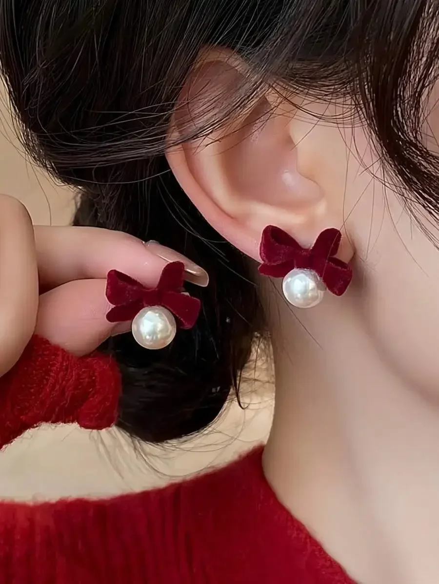 Pendientes de perlas con lazo de terciopelo burdeos para mujer, para uso diario, festivales y fiestas.