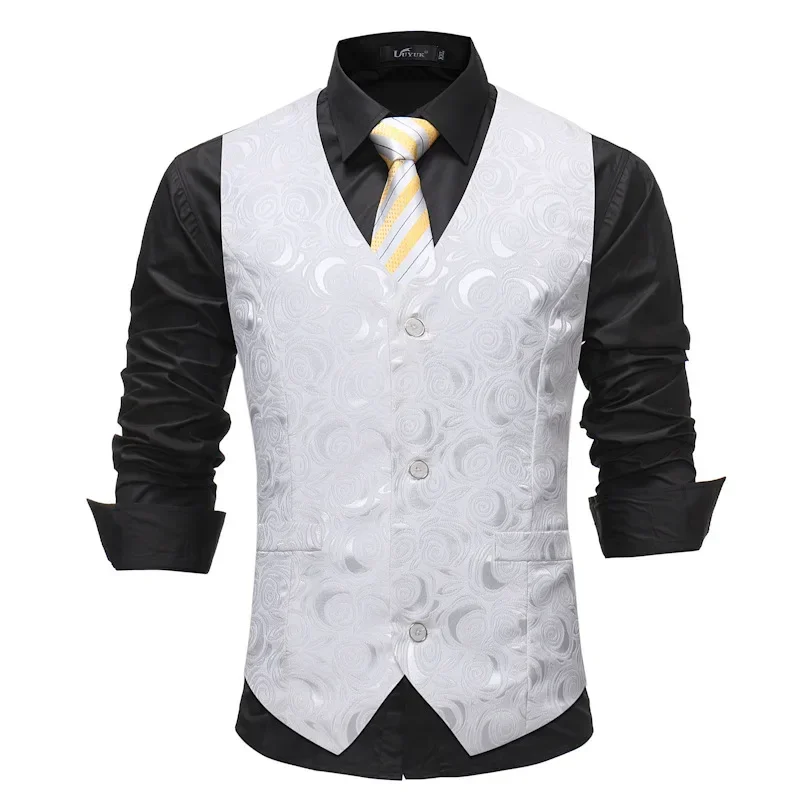 Mens White Rose Jacquard Suit Vest Gilet Homme NEW Brand Slim Fit Business Formal Dress Vest Waistcoat Male Party Tuxedo Vests