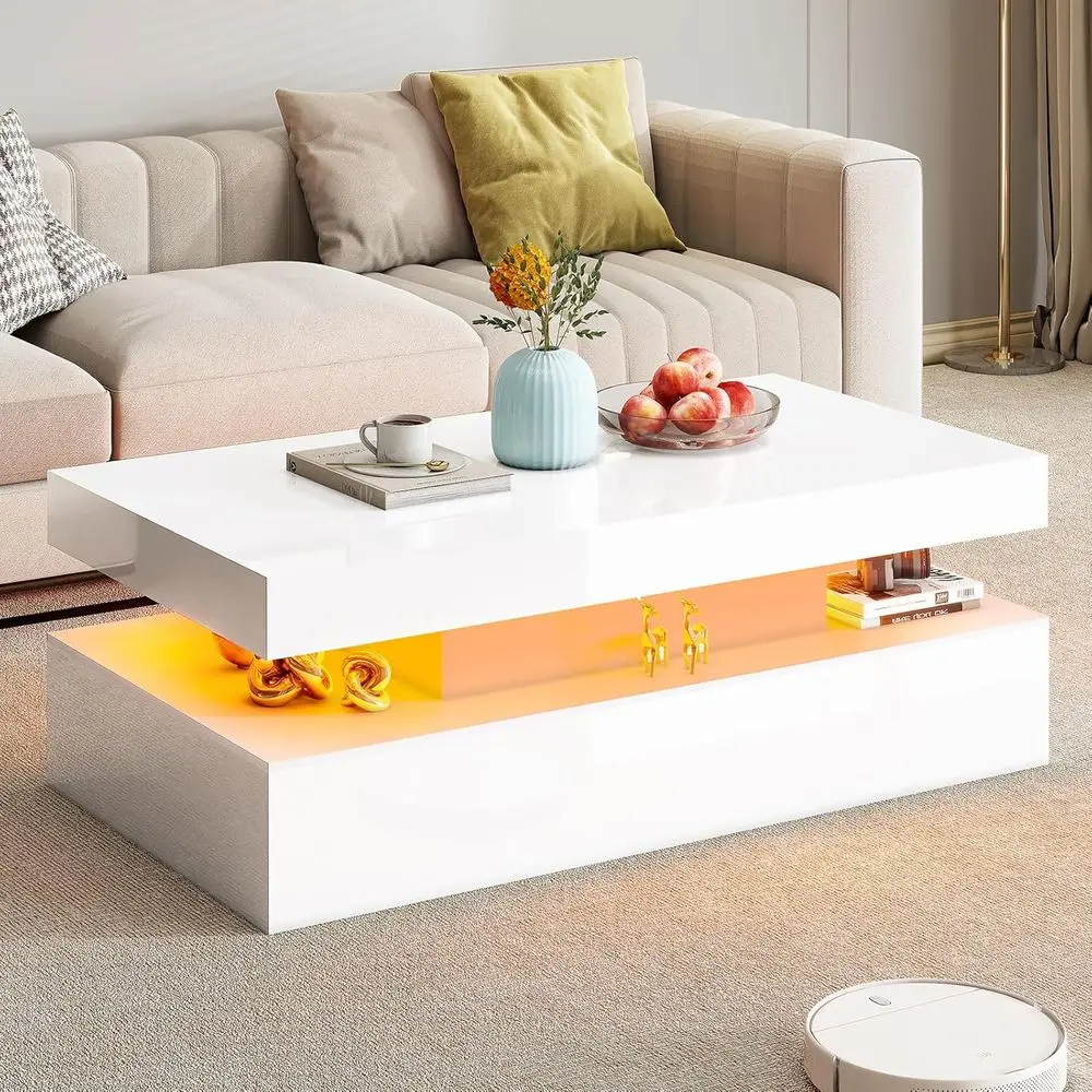 

High Gloss LED Coee Table, ern 2-Tier Center Table with LED Lights, Open Storage Space, 40in Simple Recular Soa Side Table or Li