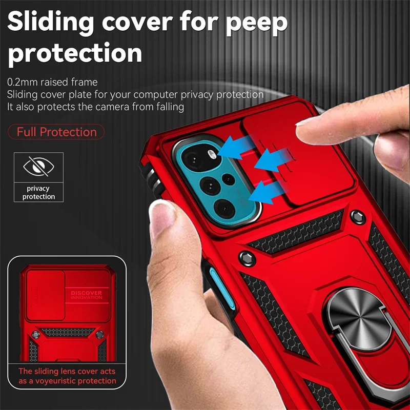 For Motorola Moto G22 Case Slide Window Lens Protect Armor Shockproof Phone Case for Moto G22 G 22 Motog22 4G Ring Stand Cover