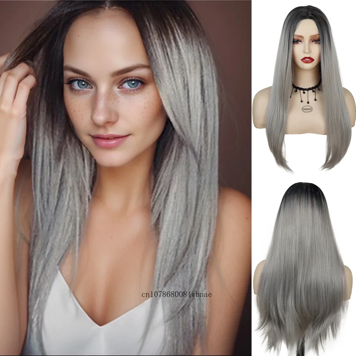 Ombre Grey Wigs Synthetic Hair 27 Inch Long Straight Soft Wig for Women Heat Resistant Fiber Natural Looking Daily Party Costume