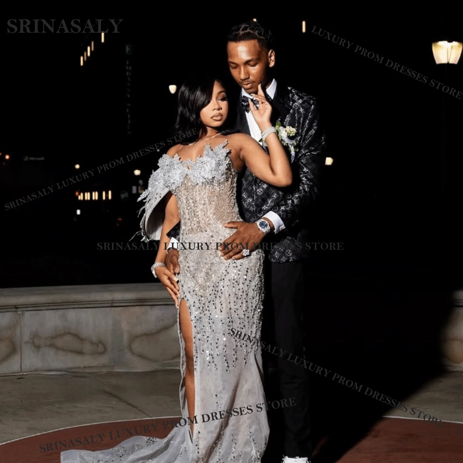 Sparkly Aangepaste Steentjes Pailletten Zeemeermin Galajurken Aso Ebi 3D Bloemen Bruiloft Jurk Zwarte Meisjes Avond Gala Jurken