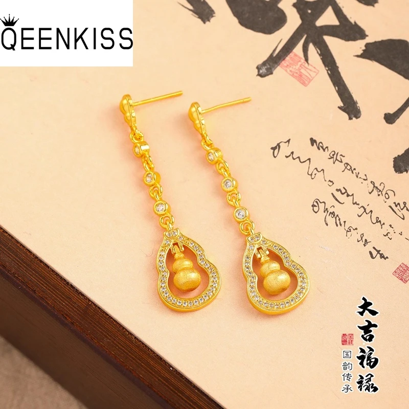 QEENKISS Gold Vintage Calabash Stud Earrings For Women Wedding Party Birthday Christmas Bride Mother Girl Ladies Gifts EG5479
