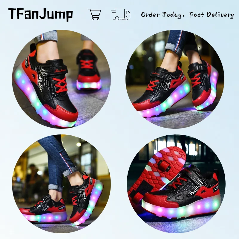 Double Row 4 Wheels Parkour Sport Roller Shoes Children’s LED Luminous Glowing Sneakers  Unisex Adult Deformation Skating Shoes