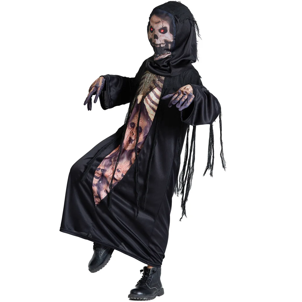 Boys Halloween Black Death  Azrael Costumes Kids Children Devil Ghost Skeleton Robe Cosplay Carnival Purim Role Play Party Dress