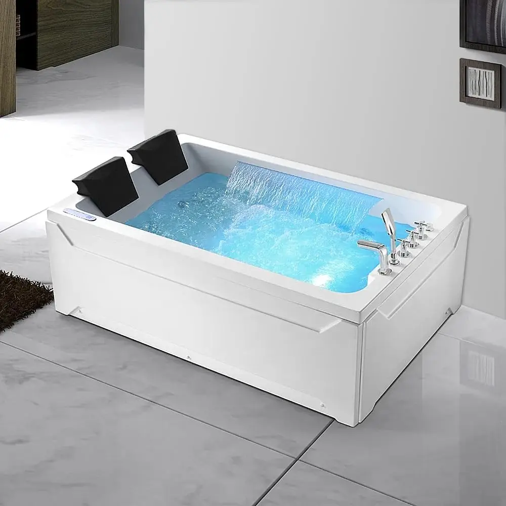 73''  Tub Water Massage Two Person Jetted Bathtub 3 Sided Apron Corner  Tub With 22 Water Jets