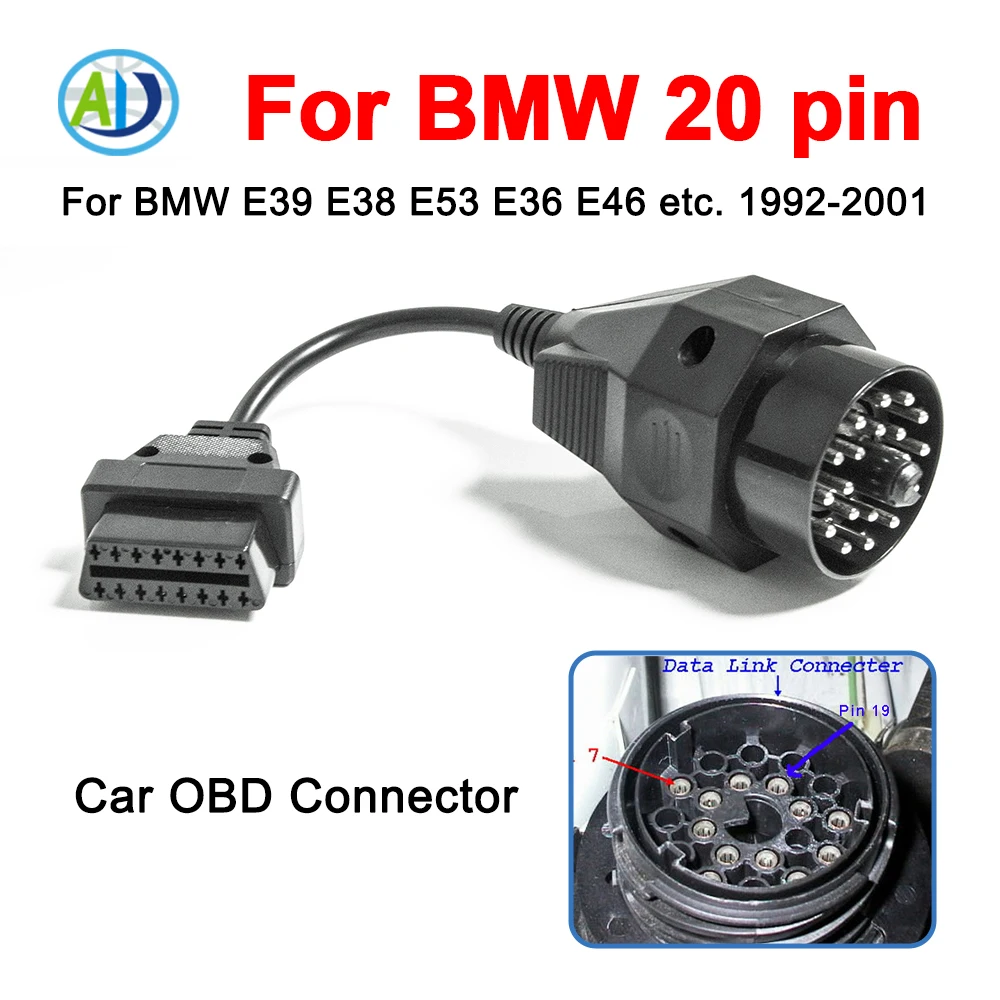 

Адаптер OBD2 для BMW 20-контактный разъем OBDII 16-контактный разъем для BMW E39 E38 E53 X5 Z3 E36 E46 Высококачественный автомобильный диагностический кабель