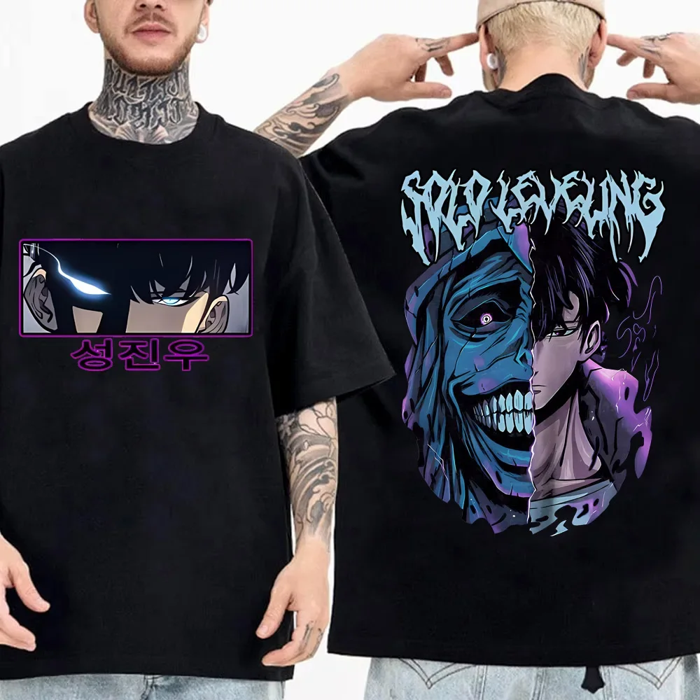 High Quality Soft Tshirt Japanese Anime Solo Leveling T Shirt Men Sung Jinwoo Cartoon Graphic Tees Harajuku Short Sleeve image 4