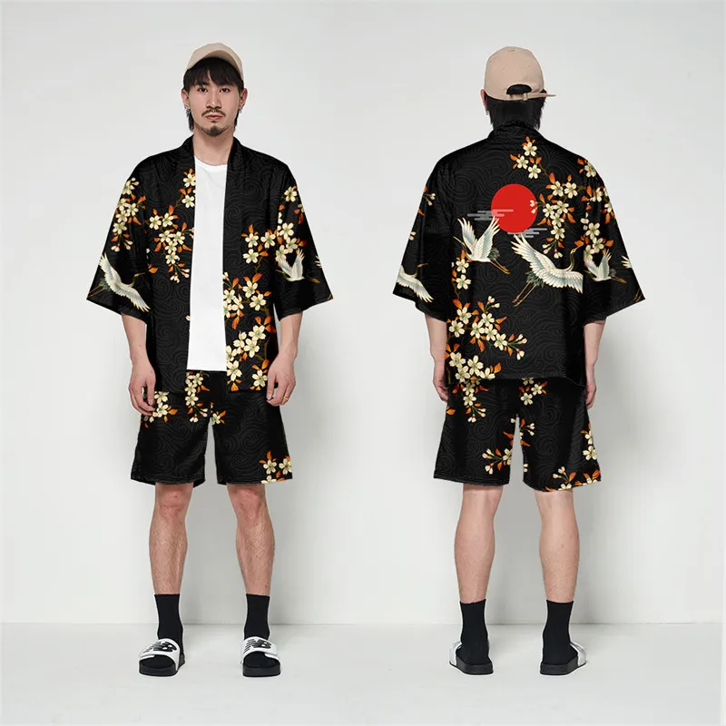 Harajuku Hanfu  Japanese Traditional Clothing Crane Print Kimono Shorts Men Retro Yukata Asian Fashion Tang Suit Yukata Jacke