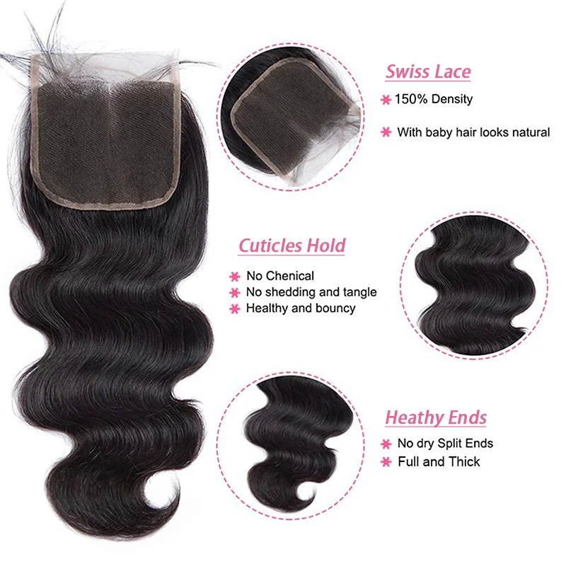 Body Wave Human Hair Bundels Met Sluiting 4X4 Lace Frontale Natuurlijke Zwarte Onbewerkte Mensenhaar Bundels Met Sluiting Extensions