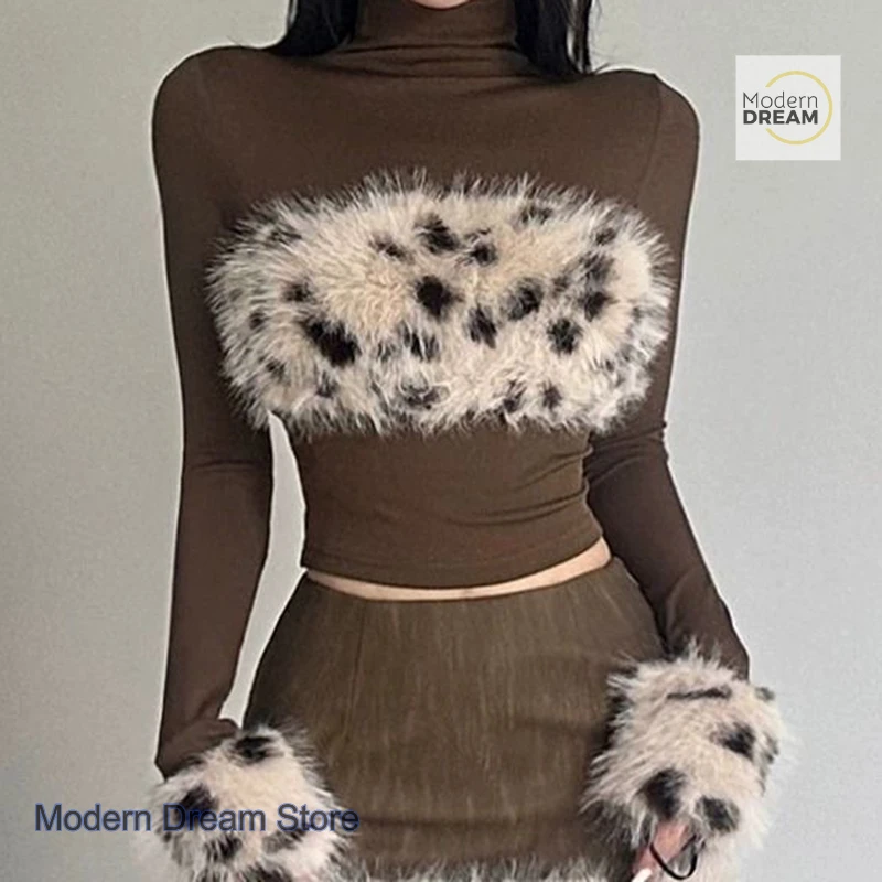 American Spice Girl Temperament Spleißen Leopardenmuster hochgeschlossenes Langarm-T-Shirt weiblicher Frühling neues kurzes Hemd mit Bodenbildung