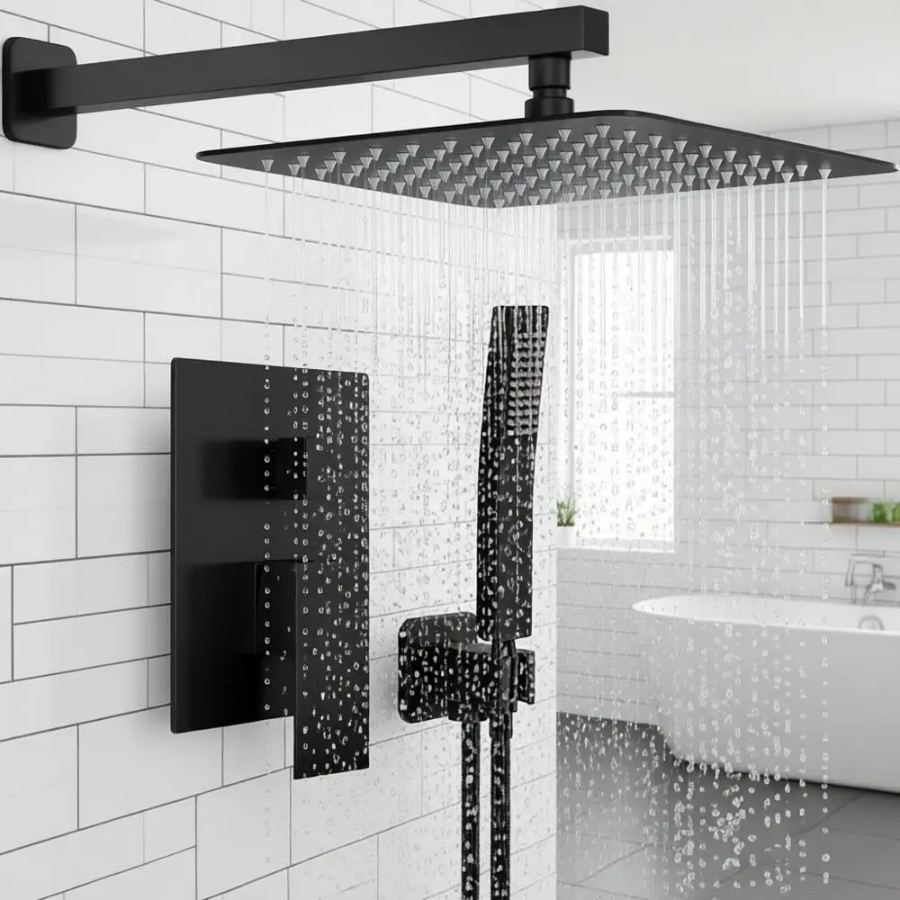 

10-дюймовая матовая черная душевая система: квадратная лейка для душа, настенные крепления, комплект для ремонта с металлической отделкой