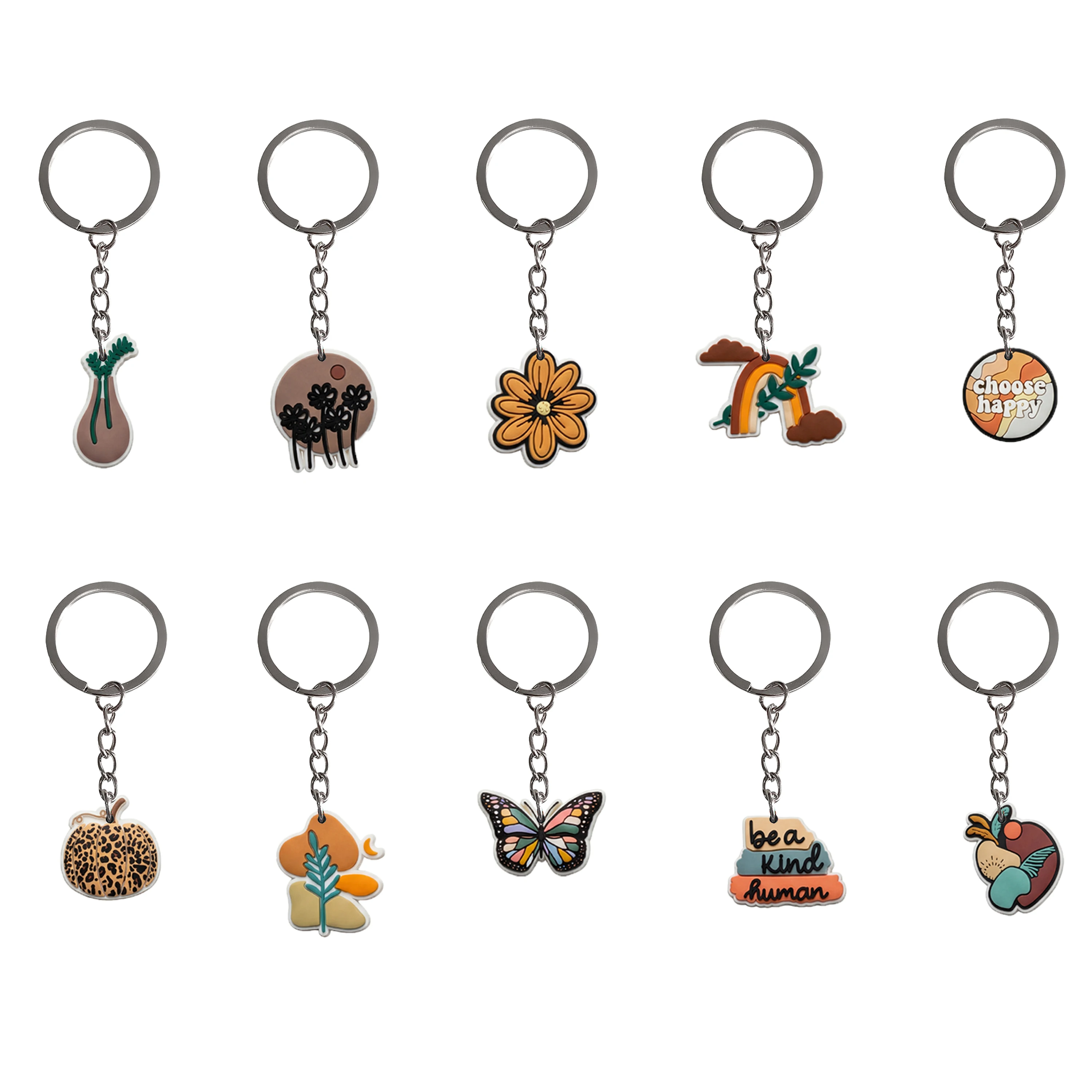 1-10Pcs Be A Kind Human Bag Hanging Pendant Adult Car Key Rings Bohemia Flower PVC Keychains For Party Gifts