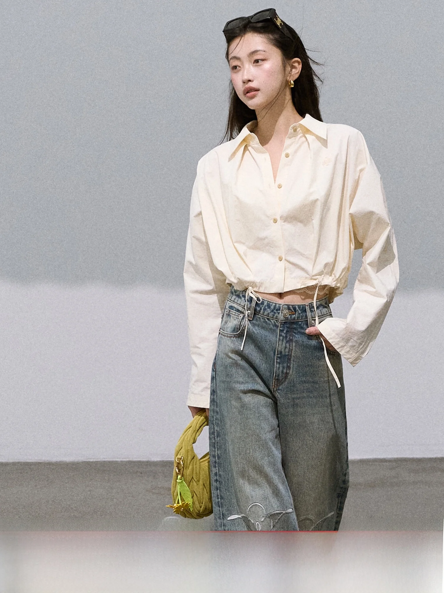 

OAKMOO Cotton Belted ort irt Skin-friendly Breathable Casual Sle Women's Top with Pleats Waist-cinching Autumn irt