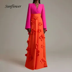 Sunflower Orange 3D Flowers Crepe A-LINE Formal Evening Dress V-Neck Long sleeves Floor-Length فساتين السهرة