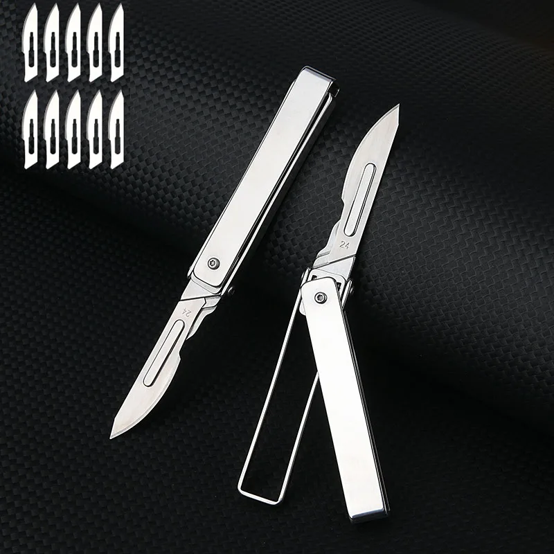 Stainless Steel Folding Knife Replaceable Blade NO 24 Scalpel Keychain Gadgets Express Box Cutter Outdoor Survival Men Gift