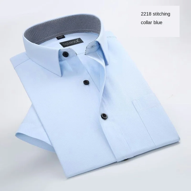 

Summer Thin White Twill Shirt for Mens Shirts Short Sleeve Stitching Collar Business Work Clothes Blue Male Half Sleeve Camisas