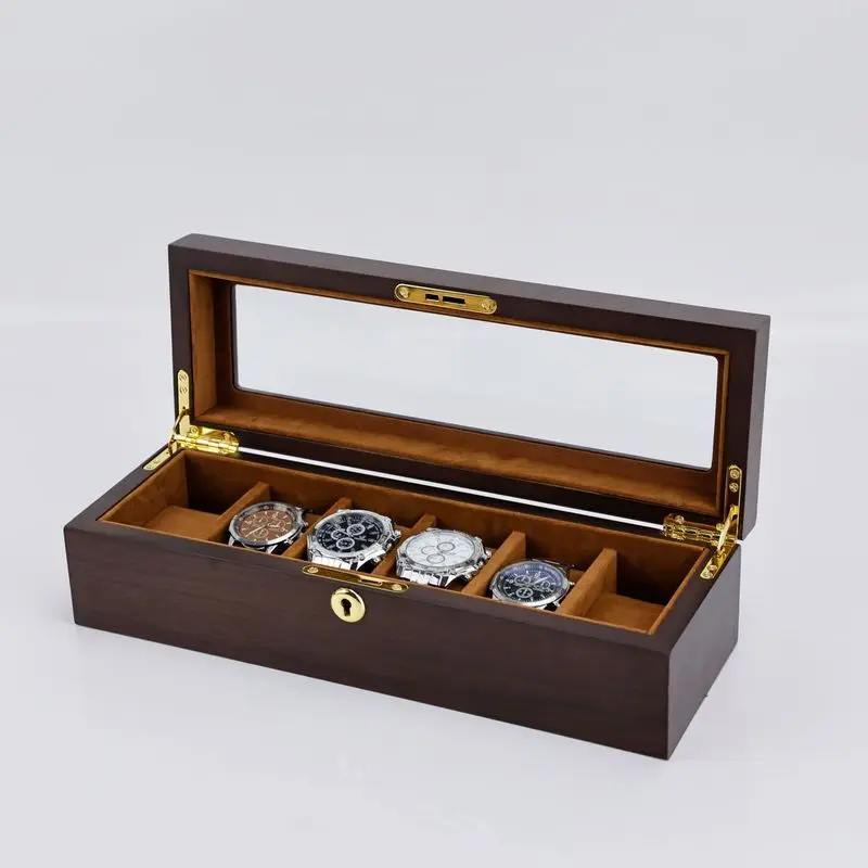 Luxury Walnut Wood Watch Display Storage Box with Glass Lid Velvet Interior Jewelry Organizer Case