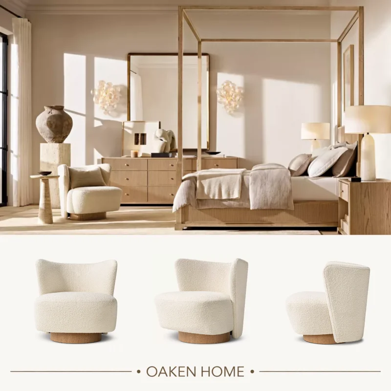 OAKEN Modern Boucle Swivel Accent Chair Solid Wood Base Curved Backrest Single Lounge Armchair Living Room Bedroom Furniture