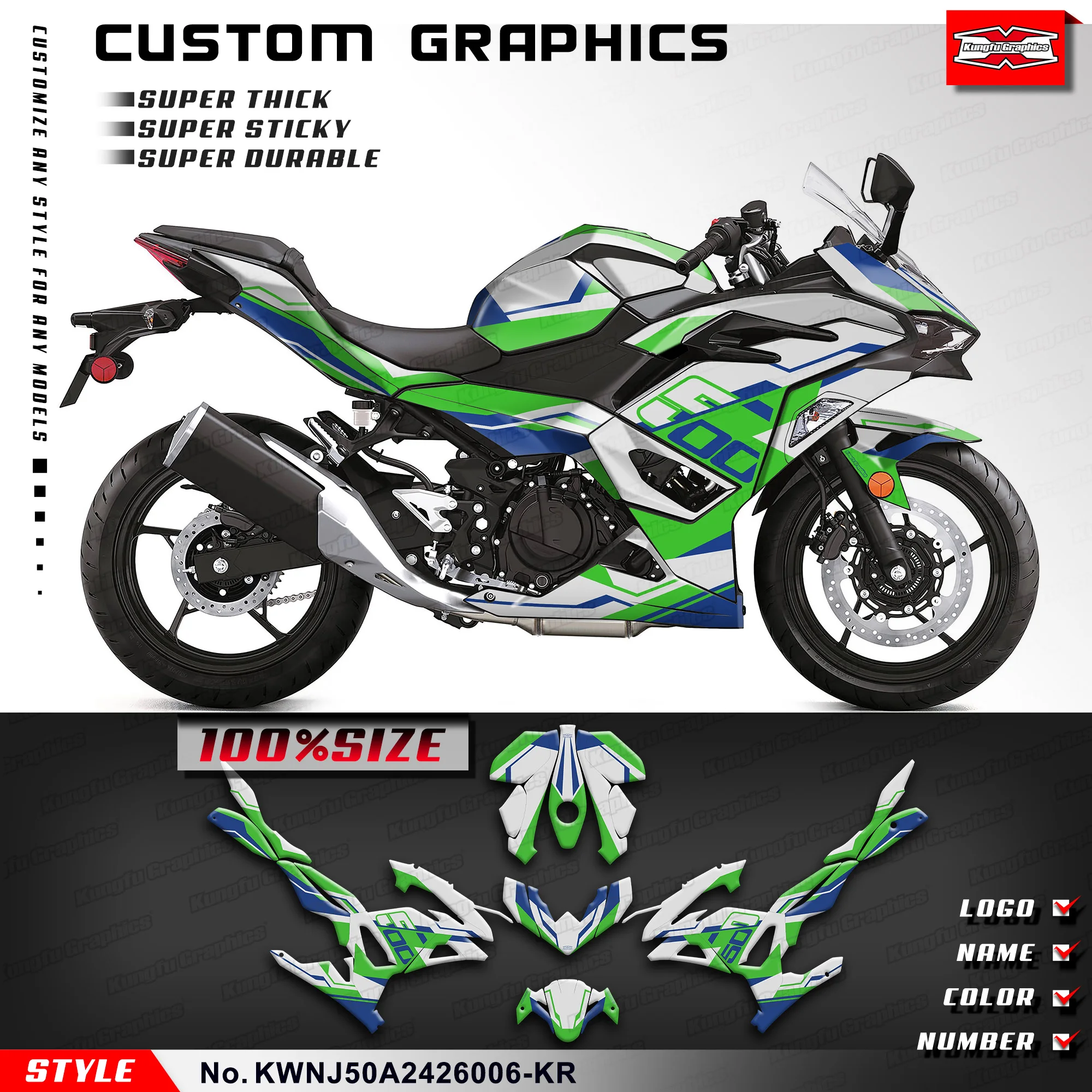 

Наклейка KUNGFU GRAPHICS на заказ, полностью УФ-стойкая, с ламинацией, для Kawasaki Ninja500 Ninja 500 2024 2025 2026, дизайн для оклейки, защита