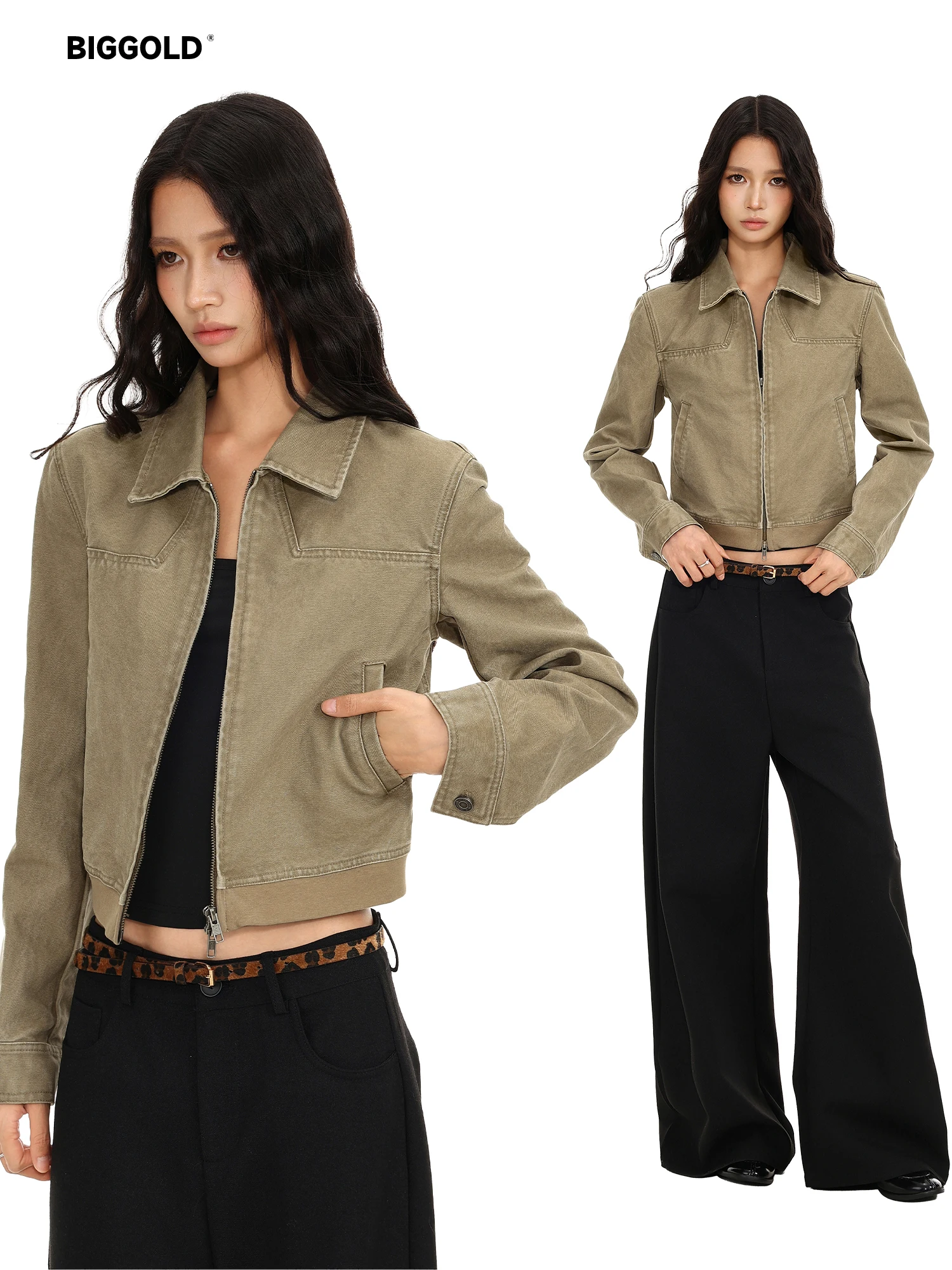 Washed Vintage Workwear Jacket Women's Casual Zipper Collared Short Outerwear American Style Cotton Long Sleeve Autumn Top