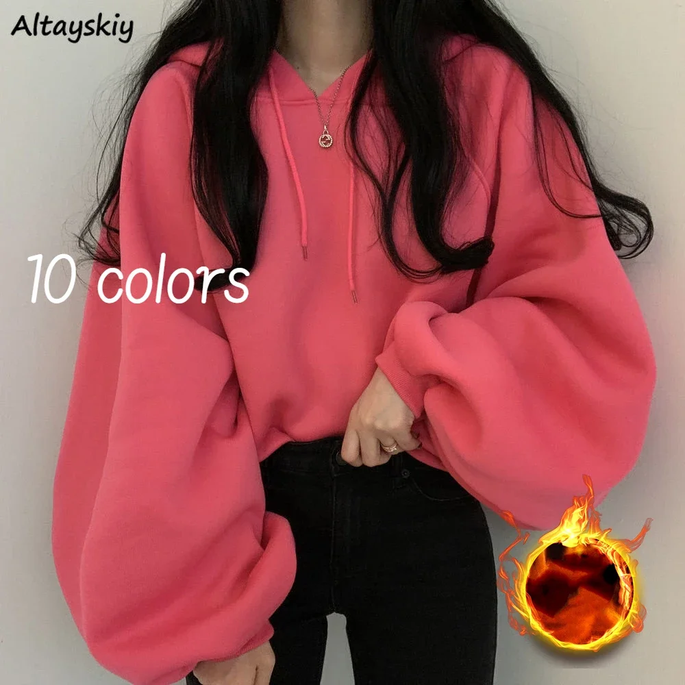 10-colors Hoodies Women Plus-velvet Loose Korean Fashion Chic Harajuku Simple Thick Lantern Sleeve Streetwear Students BF Winter