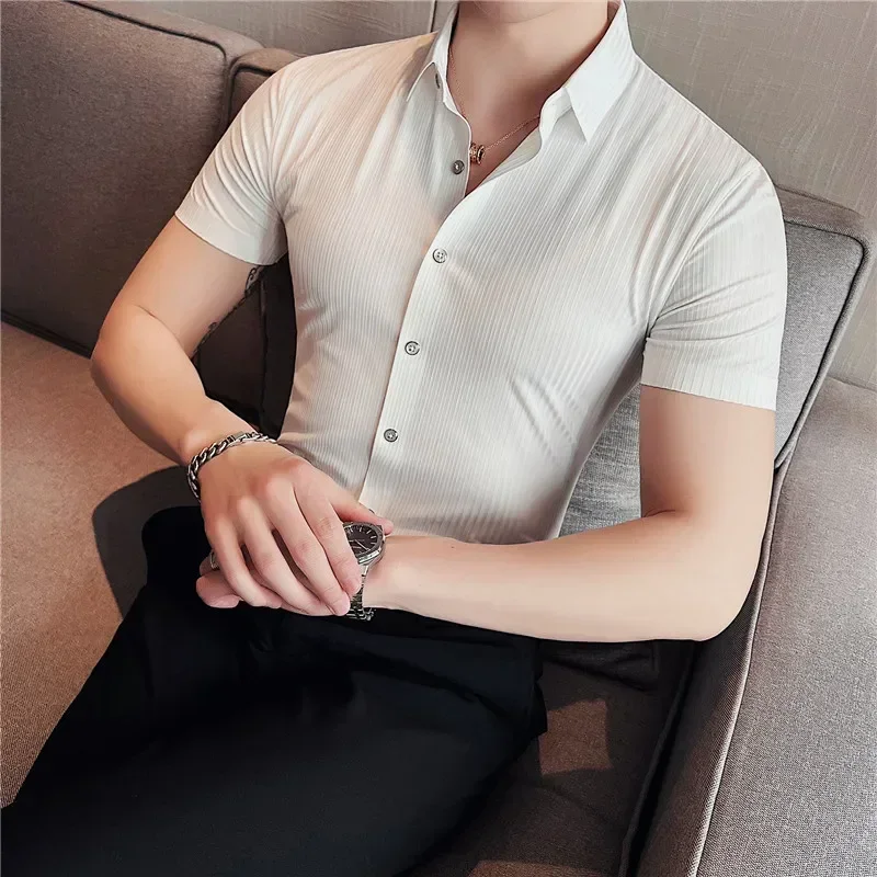 Camisas De Hombre High Elastic Shirts For Men Clothing Summer Slim Fit Short Sleeve Striped Men's Social Shirt Formal Work Wear