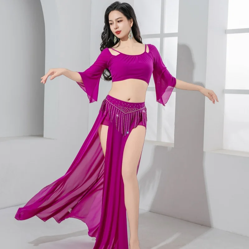 

Новинка 2023 года, осенняя одежда для занятий танцами живота, легкий роскошный комплект для выступлений с бриллиантами и кисточками для взрослых, костюмы для восточных танцев
