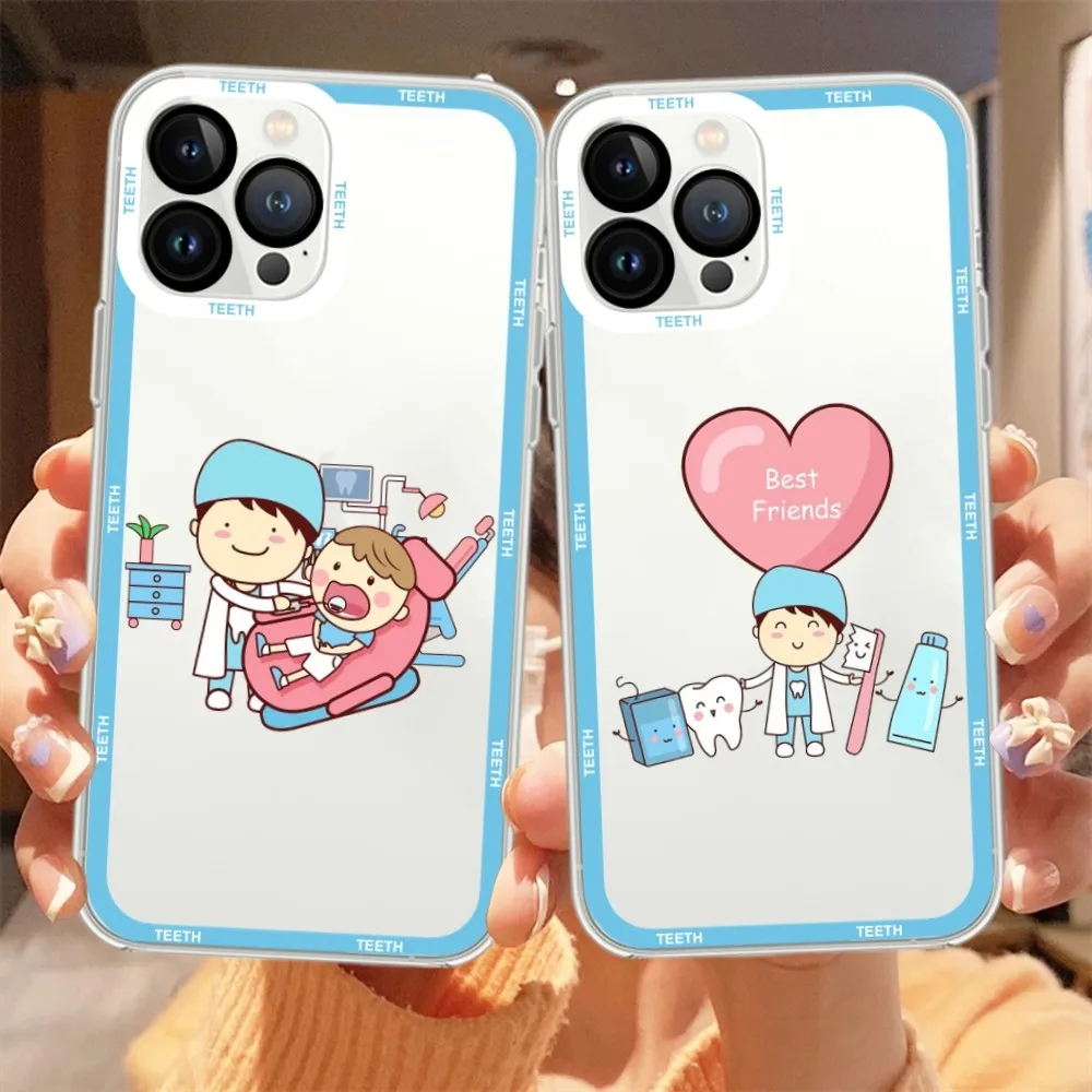 Dentist Teeth cartoon Phone Case For iPhone 11 12 Mini 13 14 15 Pro Max Transparent Shell