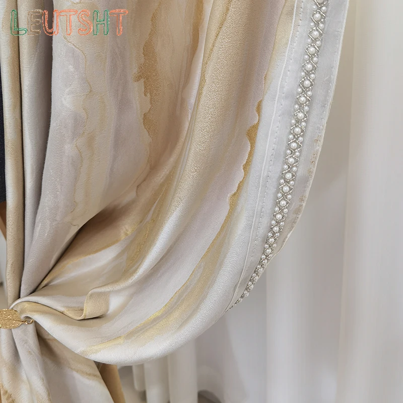 Custom Size Luxury Living Room  High-end Gold Wire Marble Plating Jacquard High Precision Sunshade Villa Curtains Home Decor