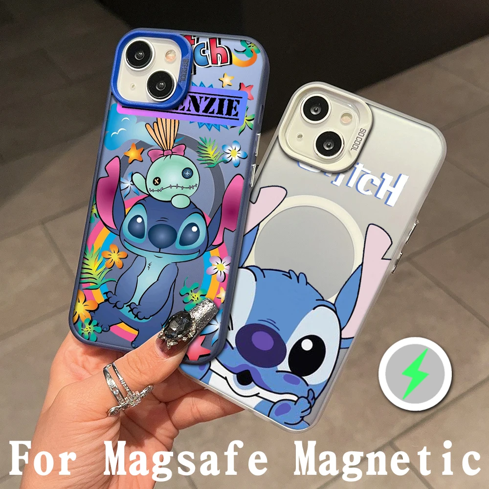 Cute Stitchs Magsafe Magnetic Phone Case for IPhone 11 12 13 14 15 Pro Max Plus Lens Creative Border Silver Plated Cover