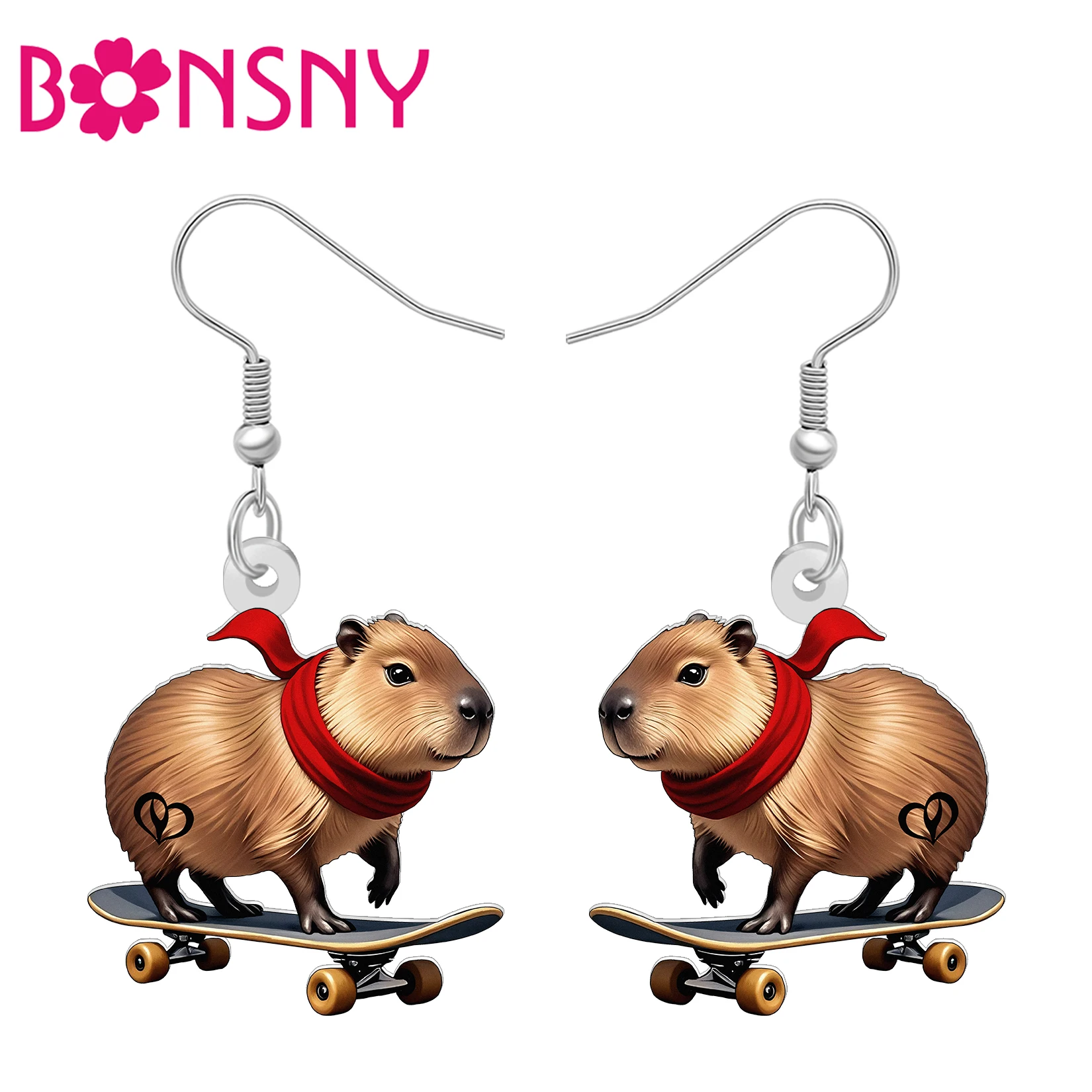 BONSNY Acrylic Cool Capybara Dangle Earrings Skateboard Animals Creative Jewelry Sporty Gifts For Women Girls Teens Accessories