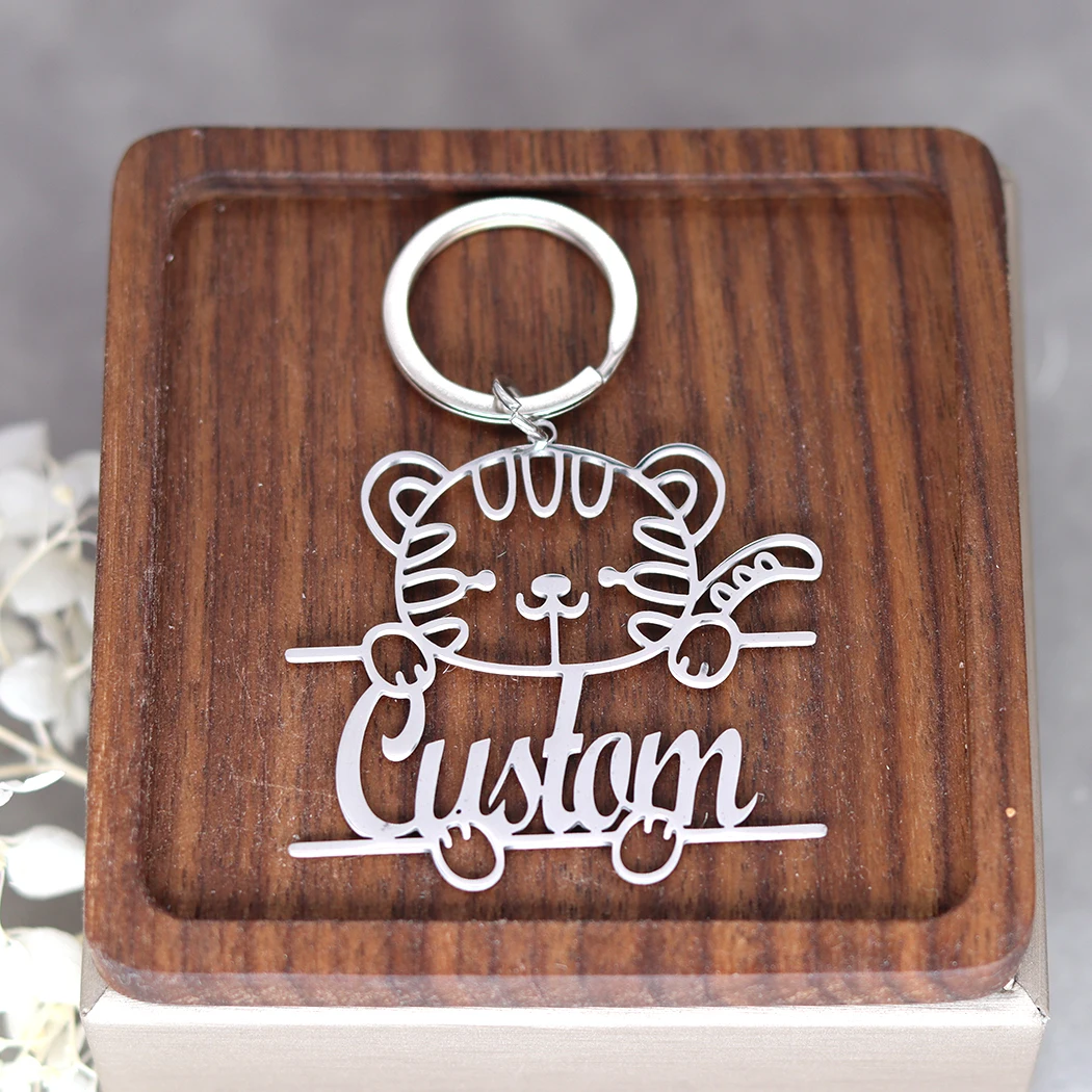 QIMING Custom Name Lovely Tiger Keychain For Women Stainless Steel Customized Pendant Key Ring Animal Jewelry Birthday Gift