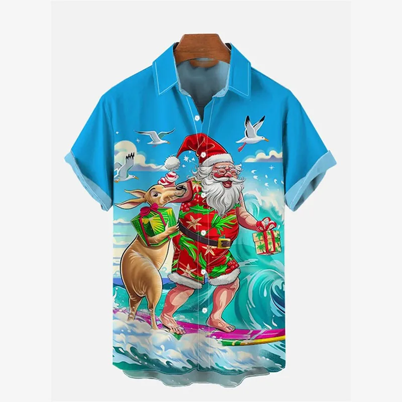 

Гавайские пляжные серфингские рубашки с рождественским принтом для мужчин, забавные гавайские рубашки с пуговицами Санта-Клауса и лацканами, трендовые фестивальные рубашки