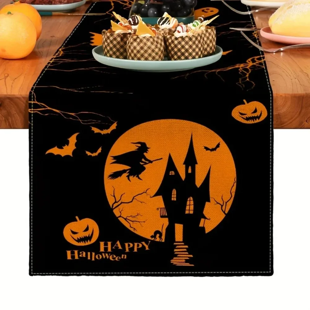 Halloween Linen Table Runners Autumn Pumpkin Spooky Bat Haunted House Table Runner Halloween Holiday Party Dining Table Decor