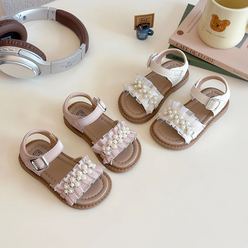 

Summer Girl's Sweet Sandals Open Toe Pearl Lace Cute Kid's Flat Shoe Pink Beige Anti-slip Daily Fashion Children Shoe 4-6Y