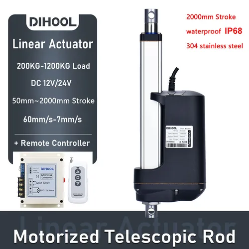 Imagen 1 del producto Actuador lineal 12000N, carrera de 50mm ~ 2000mm con controlador C8 DC24V 12V, resistente al agua IP68, Motor de varilla telescópica eléctrica de engranaje de Metal