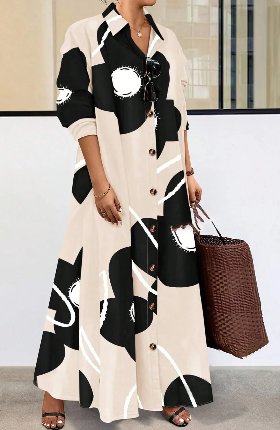 2025 Spring and Autumn Women's Shirt Dress Long Sleeve Loose Lapel Button Cardigan Elegant Office Simple Fashion Long Skirt